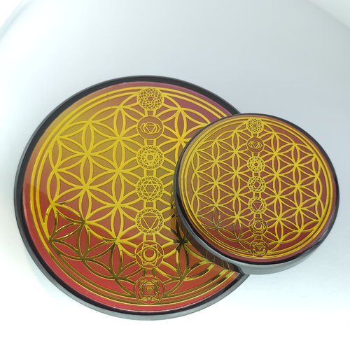 Plaque de rechargement artisanale recto-verso fleur de vie 7 chakras
