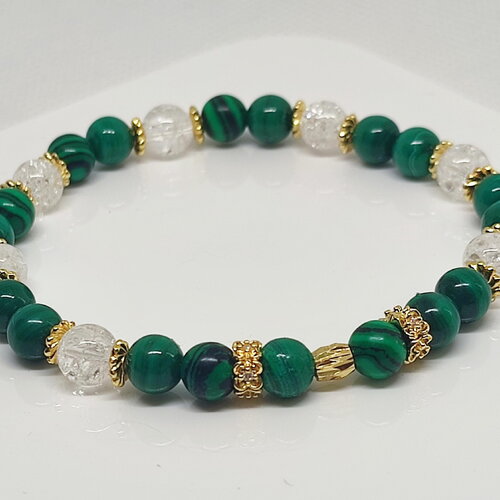 Bracelet élastique en perles de malachite et de cristal de roche craquelé