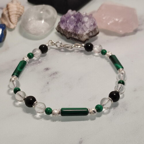 Bracelet en perles naturelles de malachite, d' obsidienne œil céleste et de cristal de roche sur argent 925