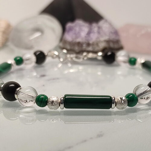 Bracelet en perles naturelles de malachite, d' obsidienne œil céleste et de cristal de roche sur argent 925