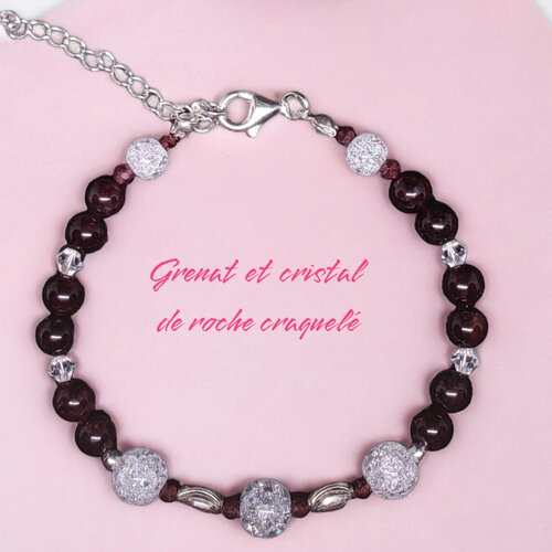 Bracelet perles de grenat rouge foncé cristal de roche craquelé en argent 925 - bijou fantaisie femme pierre semi précieuse ajustable