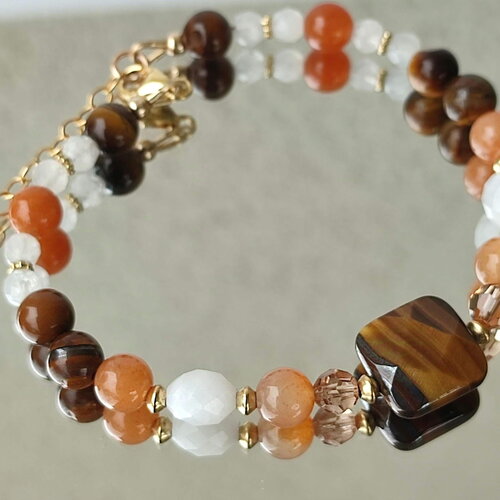 Bracelet protection œil de tigre et pierre de lune aventurine orange gold filled