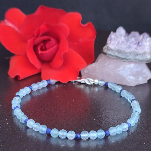 Bracelet fin pierre aigue marine et lapis lazuli facetté en argent