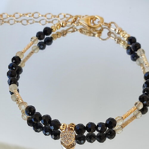 Bracelet spinelle noir facetté et citrine avec breloque cœur en gold filled