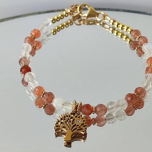 Bracelet pierre de soleil et pierre de lune 4mm en gold filled avec breloque arbre de vie