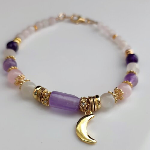 Bracelet améthyste, pierre de lune et quartz rose avec breloque lune en gold filled