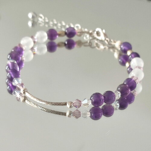 Bracelet en perles d' améthyste et de pierre de lune en argent 925