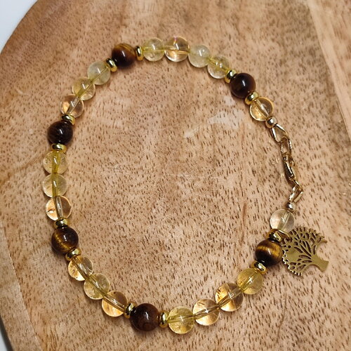 Bracelet en perles de citrine et d' œil de tigre breloque arbre de vie en gold filled