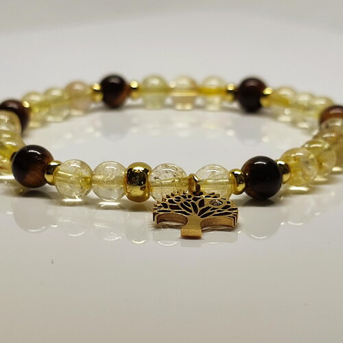Bracelet élastique en perles de citrine et œil de tigre arbre de vie plaqué or
