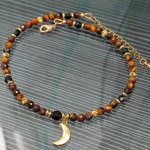 Bracelet cheville en perles d' œil de tigre plaqué or  et gold filled
