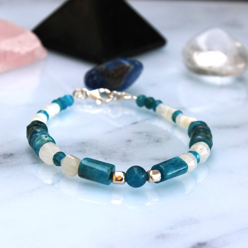 Bracelet apatite, pierre de lune et nacre blanche – argent 925