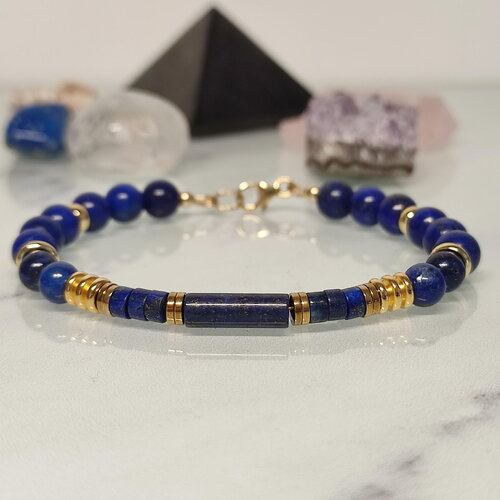 Bracelet en perles de lapis lazuli, pierre de lune et perles plaqué or 18k sur gold filled -