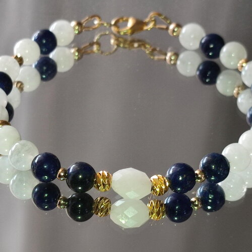 Bracelet en lapis lazuli, pierre de lune et perles plaqué or sur gold filled