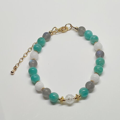 Bracelet en perles de labradorite, amazonite, jade et quartz craquelé en gold filled