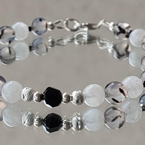 Bracelet en perles de pierre de lune, agate veine de dragon et de perles en cristal en argent 925