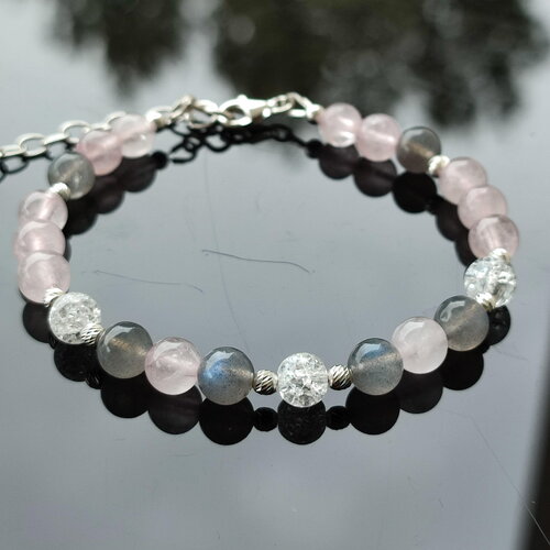 Bracelet en perles de labradorite, quartz rose et cristal de roche craquelé  sur argent 925