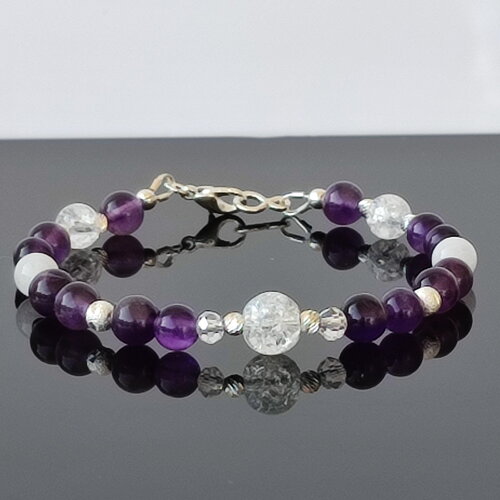 Bracelet en perles de pierre de lune, améthyste et quartz craquelé sur argent 925