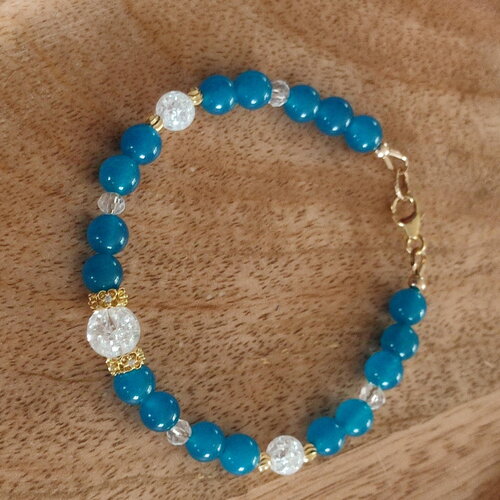 Bracelet en jade bleu et cristal de roche craquelé sur gold filled