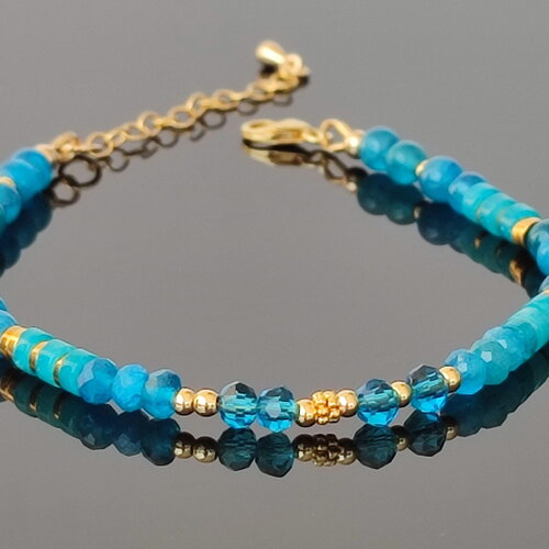 Bracelet en perles d' apatite 4mm, perles en cristal, hématites et fleurs plaqué or sur gold filled