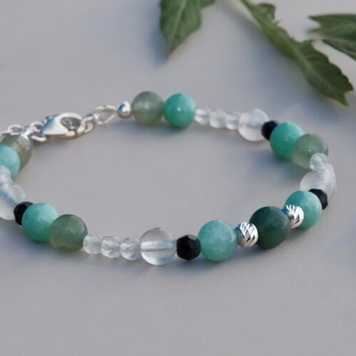 Bracelet pierre de lune, aventurine, jade vert et agate en argent véritable