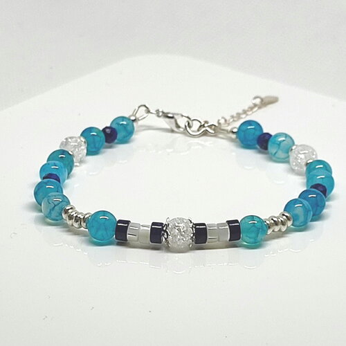 Bracelet  agate bleu veine du dragon, cristal de roche, et nacre sur argent 925