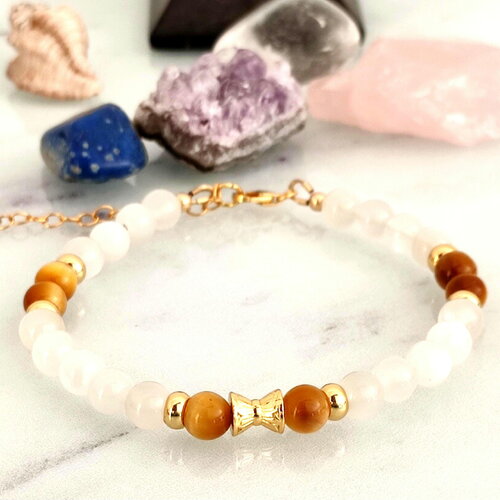Bracelet œil de tigre jaune pierre de lune et or gold filled ajustable