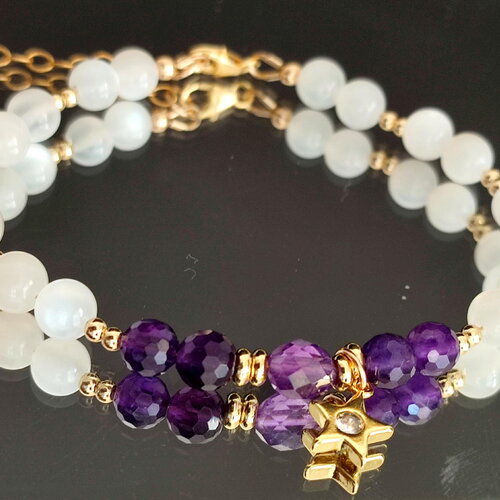 Bracelet améthyste et pierre de lune breloque etoile gold filled 14k