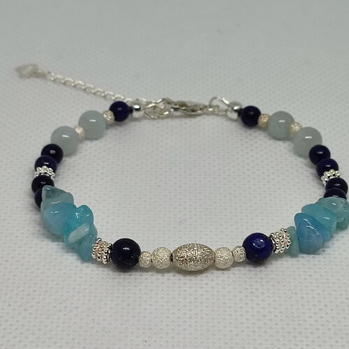 Bracelet lapis lazuli et aigue marine en argent 925