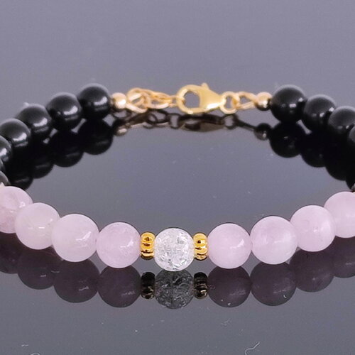 Bracelet en perles d' obsidienne noire, kunzite et cristal de roche craquelé sur gold filled