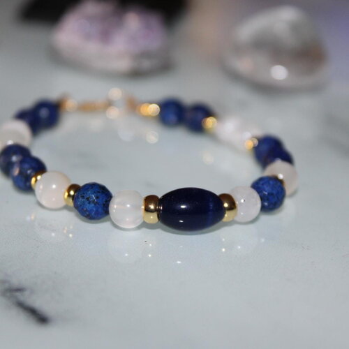 Bracelet lapis lazuli facetté et pierre de lune en gold filled