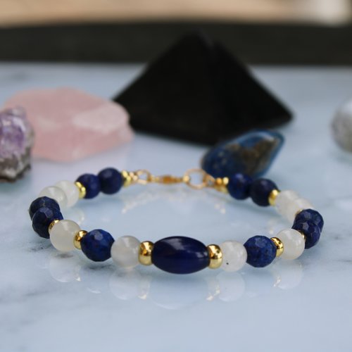 Bracelet lapis lazuli facetté et pierre de lune en gold filled