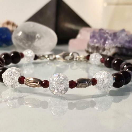 Bracelet perles de grenat rouge foncé cristal de roche craquelé en argent 925 - bijou fantaisie femme pierre semi précieuse ajustable
