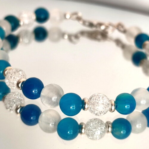 Bracelet agate bleue, cristal de roche craquelé  sélénite en argent