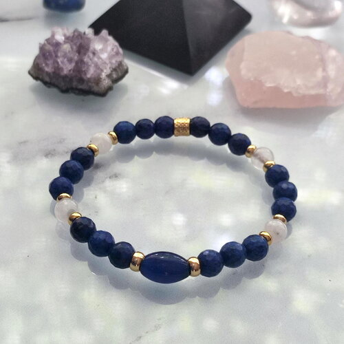 Bracelet lapis lazuli facetté et pierre de lune élastique