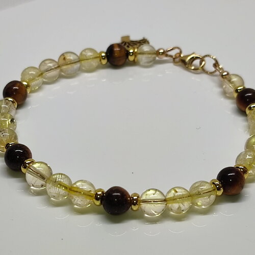 Bracelet citrine et oeil de tigre 6 mm – bijou artisanal gold filled 14k – protection énergie positive et abondance – cadeau femme