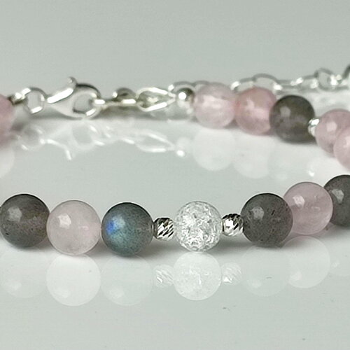 Bracelet labradorite quartz rose et cristal de roche craquelé sur argent