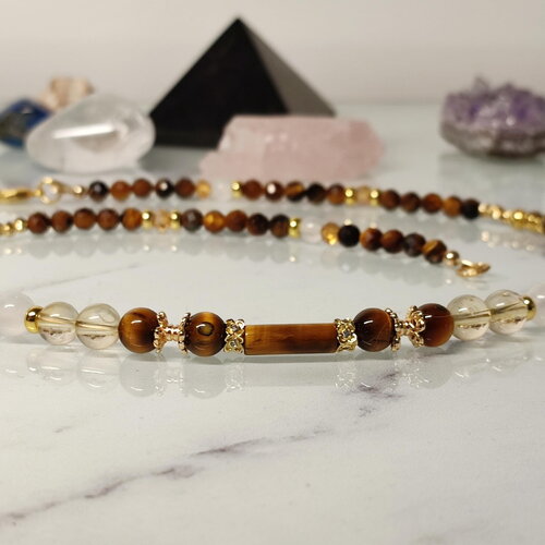 Collier oeil de tigre, citrine et séiénite  - bijou femme pierre naturelle et or - bijou artisanal de protection spirituelle