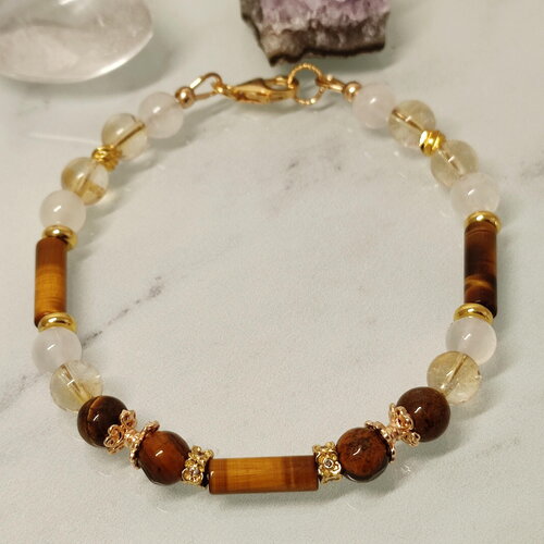 Bracelet œil de tigre citrine et sélénite en gold filled ajustable