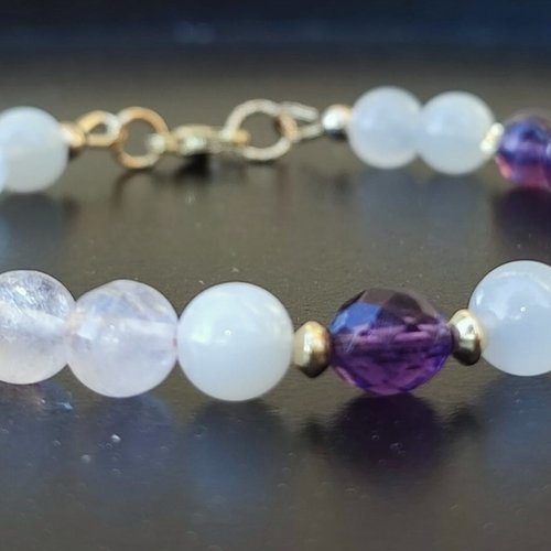 Bracelet en pierre de lune, quartz rose et améthyste