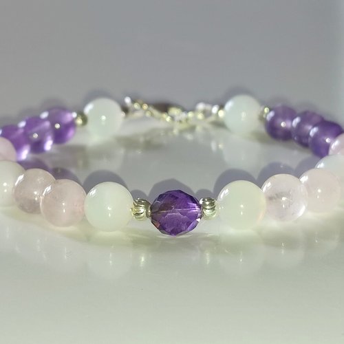 Bracelet en pierre de lune, quartz rose et améthyste sur argent 925