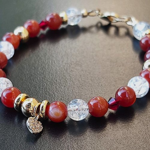Bracelet agate rouge et cristal de roche craquelé sur gold filled 14k