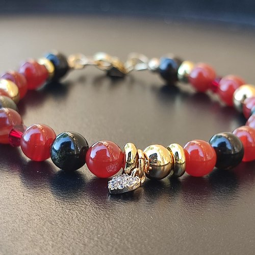 Bracelet en obsidienne noire et agate rouge
