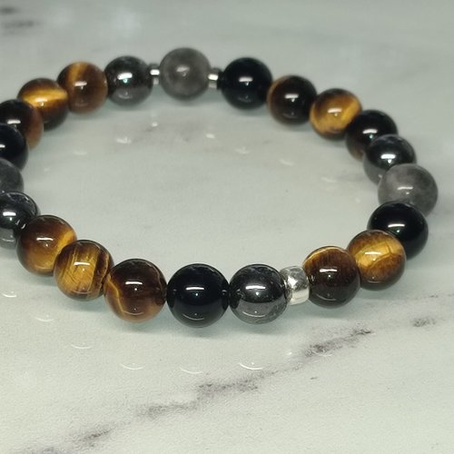 Bracelet œil de faucon, œil de tigre, hématite et obsidienne noire