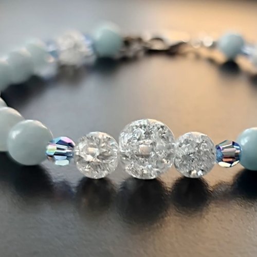 Bracelet en calcédoine bleuee et cristal de roche craquelé sur argent