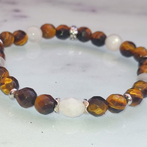 Bracelet pierre de lune œil de tigre facetté argent élastiqué