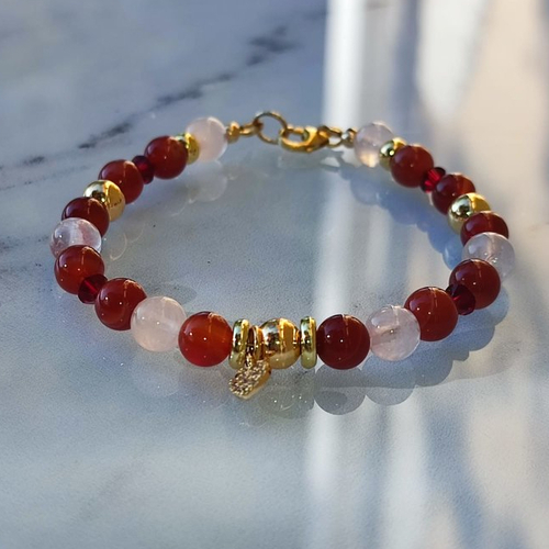 Bracelet agate rouge et quartz rose en gold filled