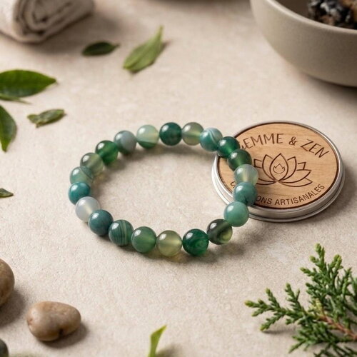 Bracelet en agate verte naturelle 8mm, bijou artisanal création zen, bracelet élastique perles vertes, lithothérapie équilibre