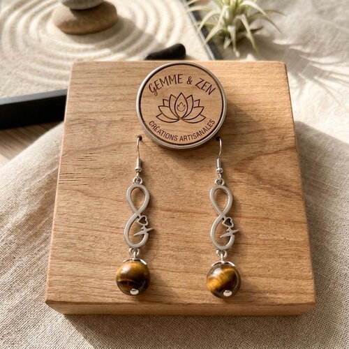 Boucles d'oreilles infini et sérénité plaqué argent œil de tigre