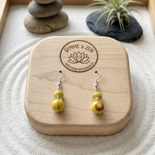 Boucles d'oreilles pendantes en jaspe jaune et plaqué argent, bijou zen en pierres naturelles, création artisanale gemme et zen