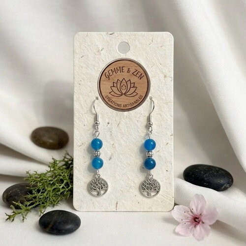 Boucles d’oreilles plaquées argent  arbre de vie, perles d’agate bleue 6mm, bijou zen et nature, cadeau  pour femme,